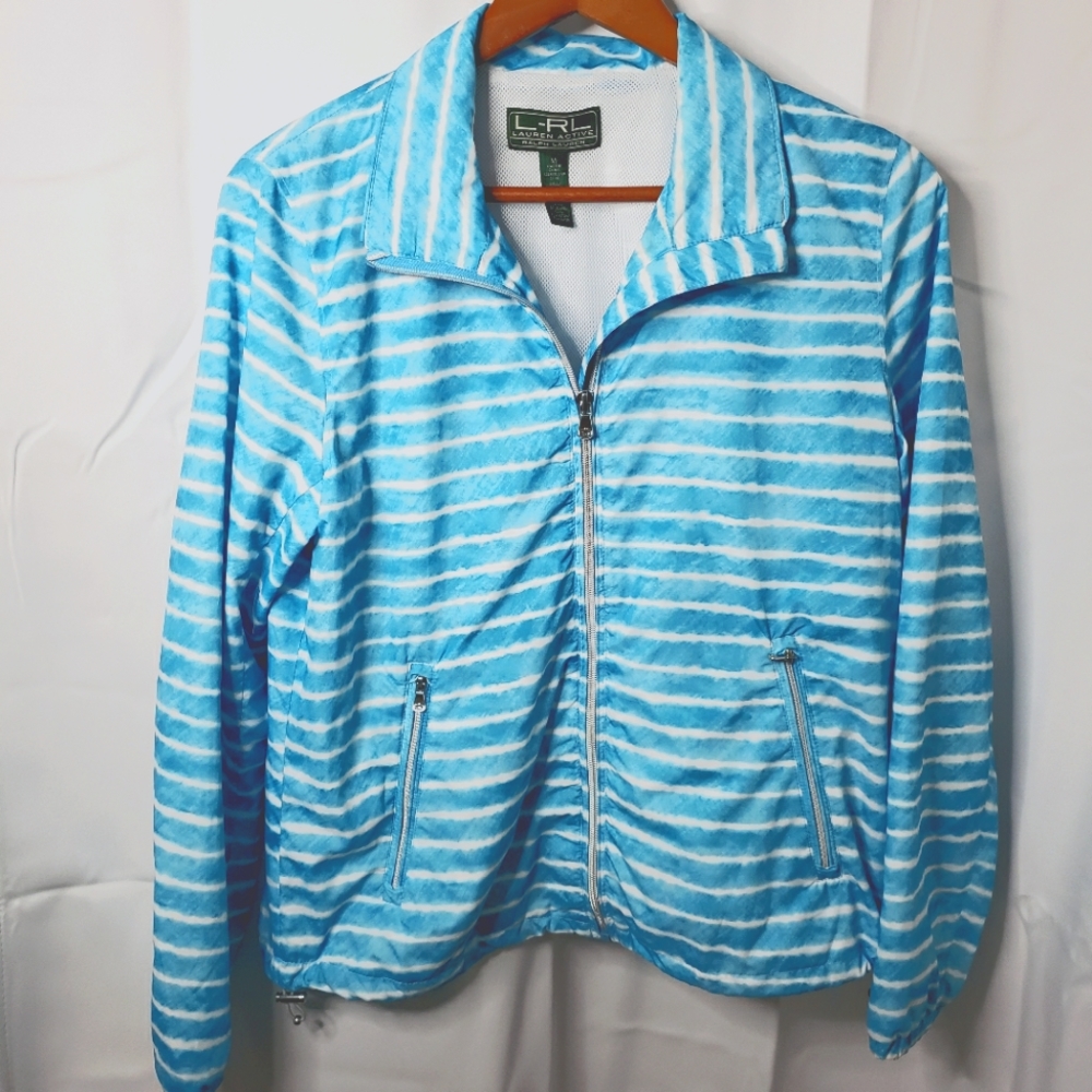 Lauren Ralph Lauren Active Sky Blue/White Striped Womens Windbreaker Jacket Sz M